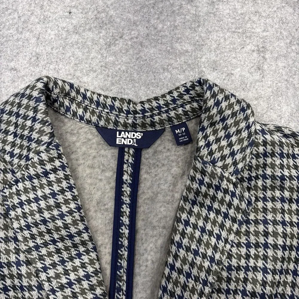 Lands’ End Knit Blazer M Petite Gray Houndstooth Blue Green One Button Career